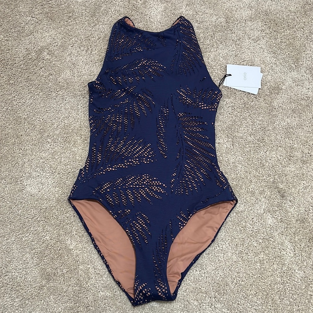 Onia Yvette navy blue palm lace design one piece NWT Size XS